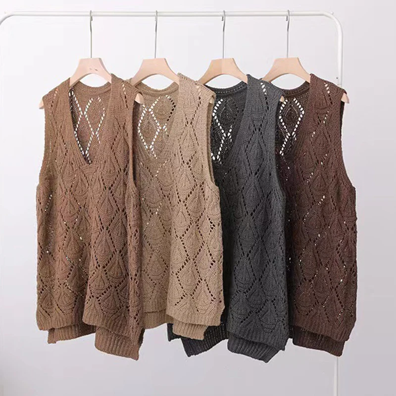 Women Retro Sleeveless Knitted Vest Lady Hollow Out Waistcoat  Spring Autumn Fashion Casual Pullover Sweater Y2k Tank Tops