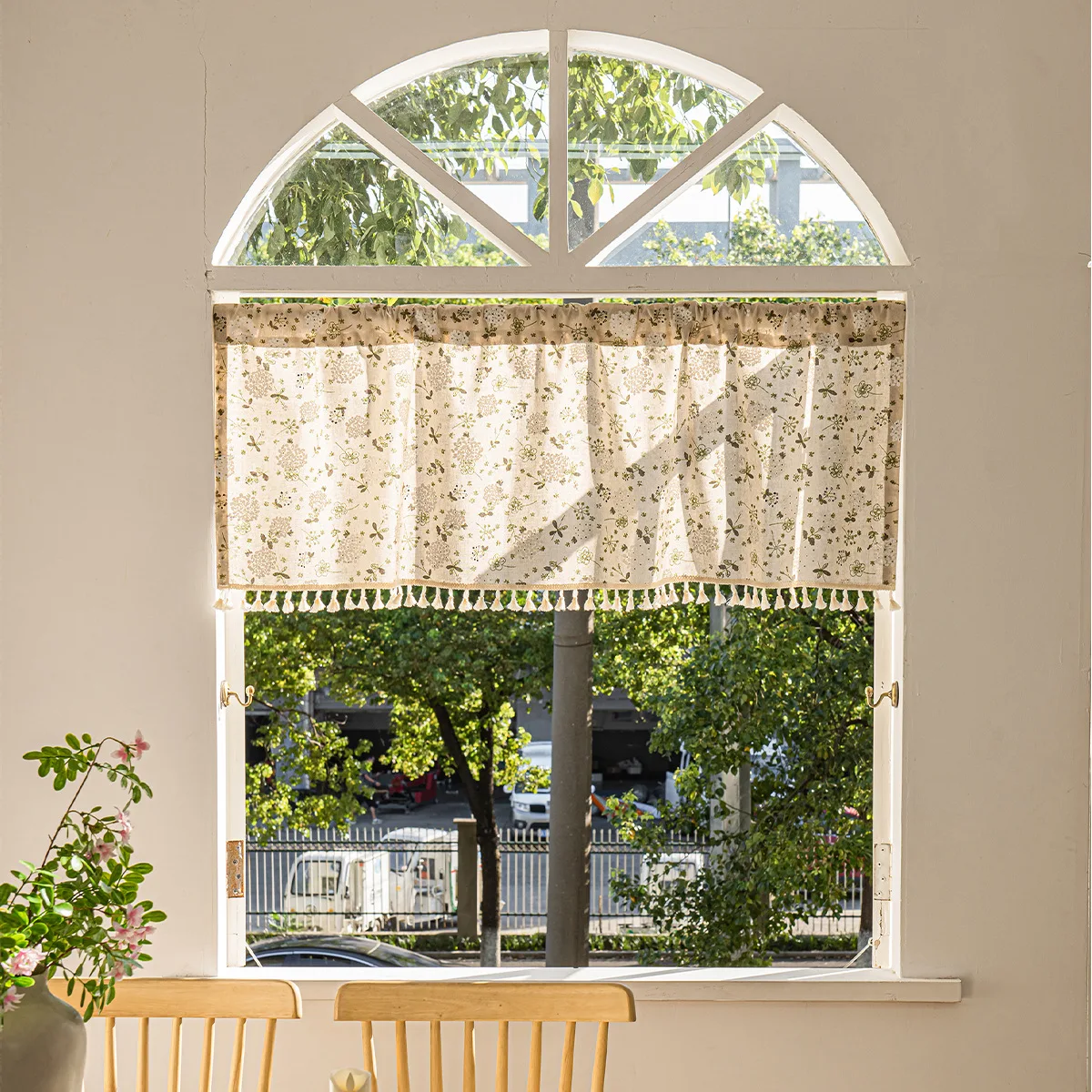 1pc Fresh Jasmine Print Short Curtain, Semi-Transparent Cotton Linen, Coffee Kitchen Curtains, Decorative Atmosphere Curtains