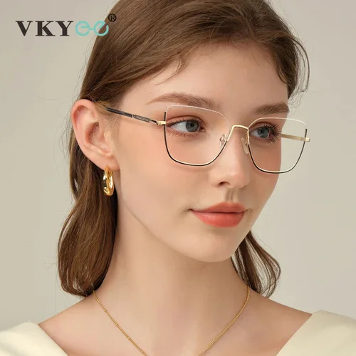 VKYEE, nuevas gafas de medio marco de ojo de gato con montura fina de Metal, gafas de protección contra luz azul Retro para mujer, se pueden personalizar con prescripción 24017