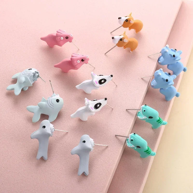 2pcs/1pair Animal Cartoon Stud Earring For Women Cute Dinosaur Little Dog Whale Clay Bite Ear Jewelry Funny Gifts Fashion view 5