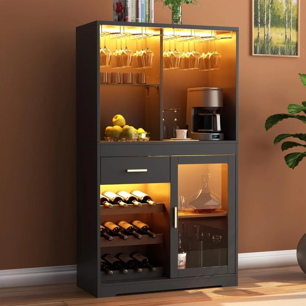 Modern Wine Bar Cabinet with Led Light & Drawer, Liquor Cabinet with Rack and Glass Holders, Bar Cart for Home, Kitchen Buffet S