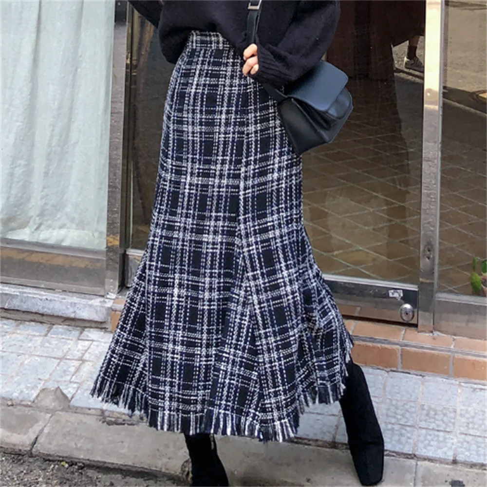 

autumn and winter new plaid fringed skirt high waist slim long umbrella pleated skirt