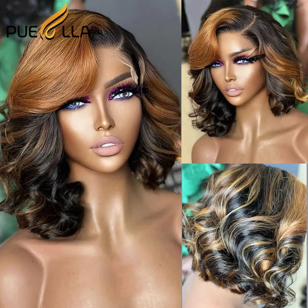 

Honey Blonde Short Bob Lace Frontal Wigs For Women Glueless Highlight Brown Colored Loose Wave Human Hair Wig Pixie Cut Perpluck