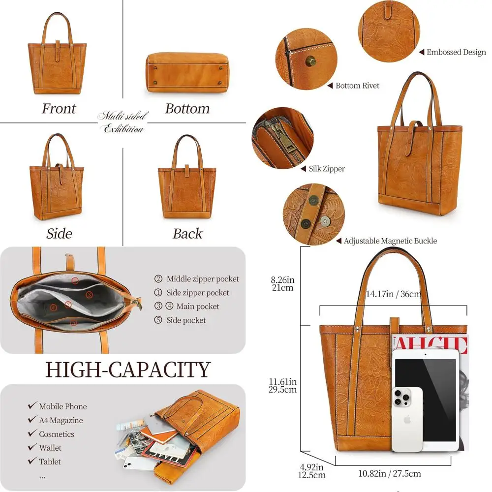 

Vintage Leather Crossbody Bag for Women - Medium Satchel with Large Capacity and Rose Embossed Design