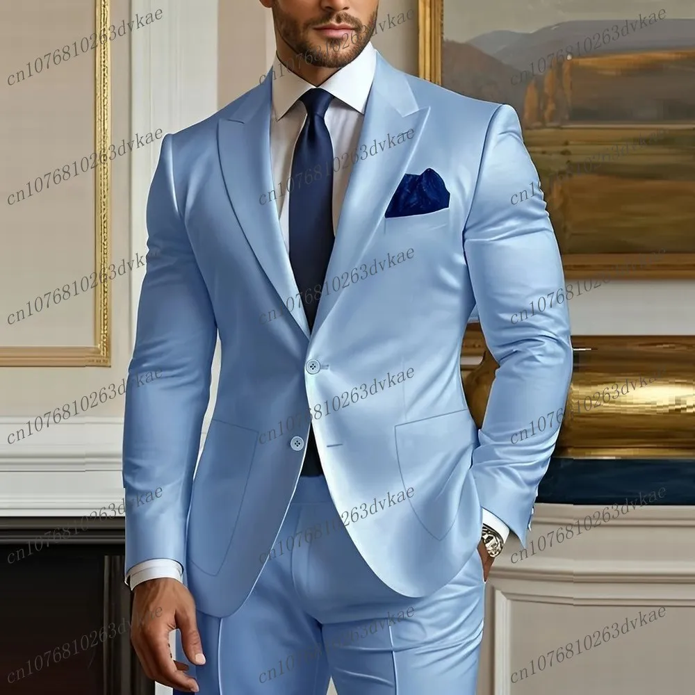 

Новый небесно-голубой ацетатный атласный мужской костюм для свадебной вечеринки, торжественного случая, жениха, выпускного вечера, деловые мужские смокинги, комплект из 2 предметов, куртка, брюки