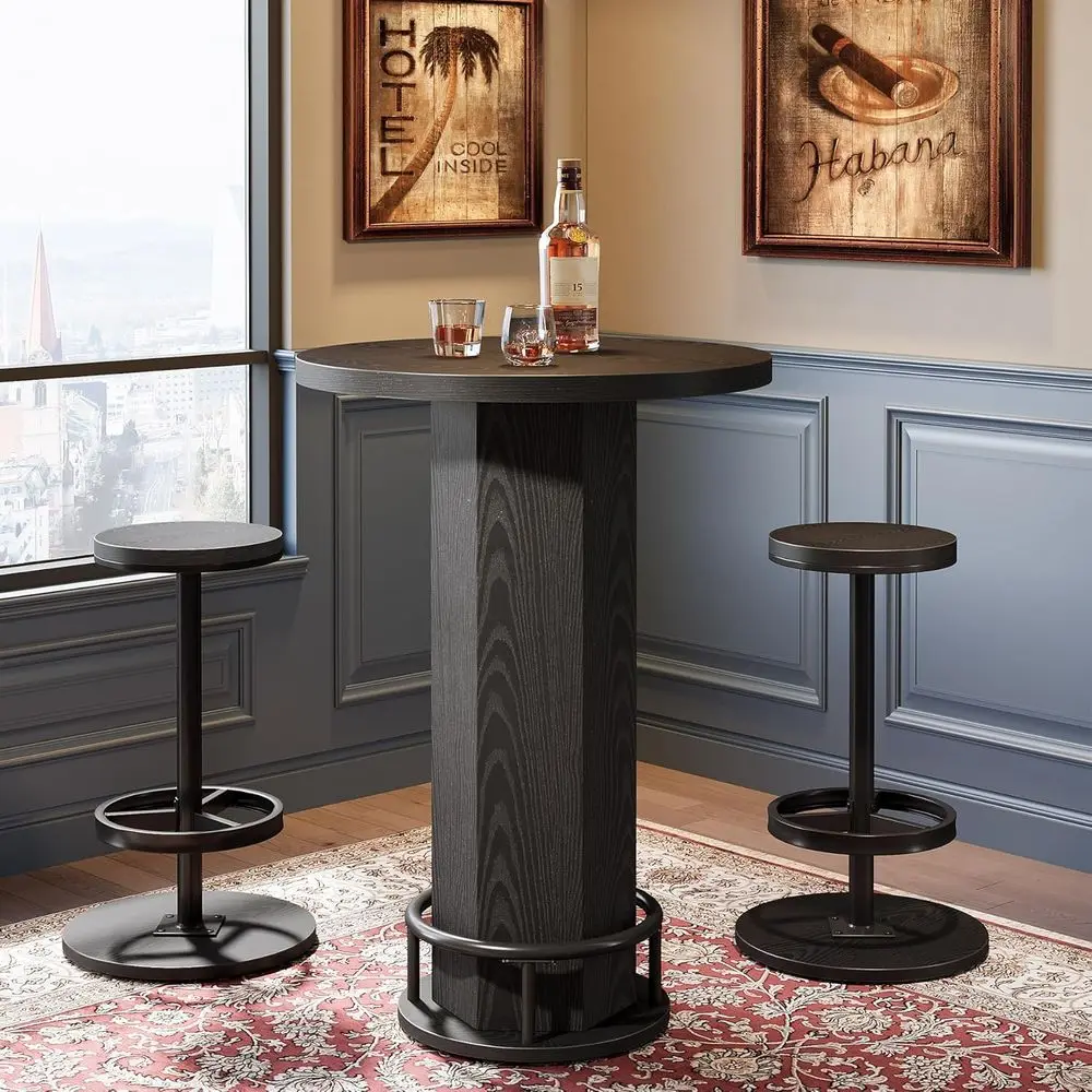 

Round Bar Table with Chairs, Industrial Bistro Sets with 2 barstools, Pub Cocktail Table with Metal Ring ootrest or Kitchen Nook