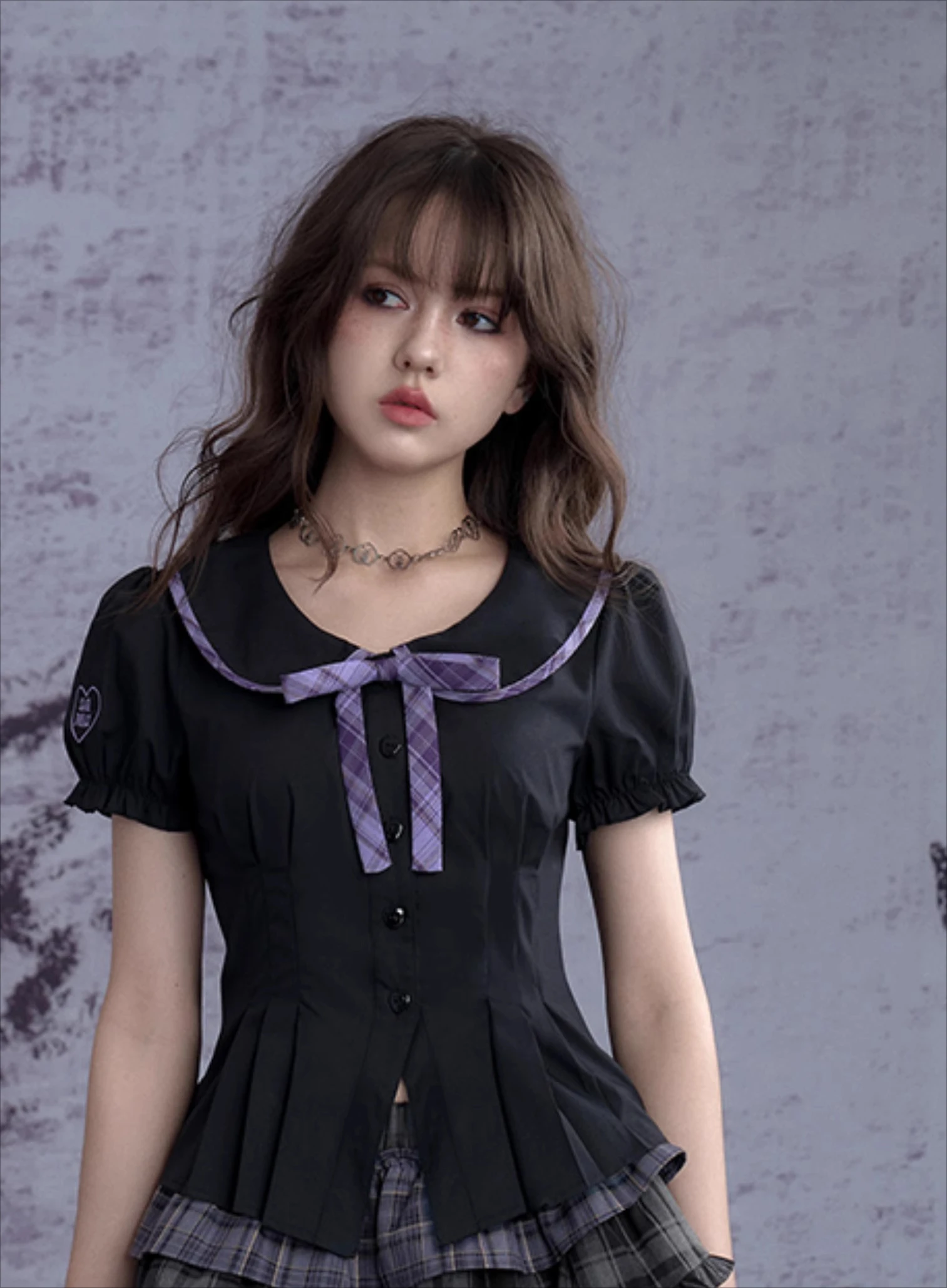 Elegant Black Purple Puff Short Sleeve Sweet Peter Pan Collar Shirt Cute Girls Summer New Bow Black Versatile Age Reduction Top