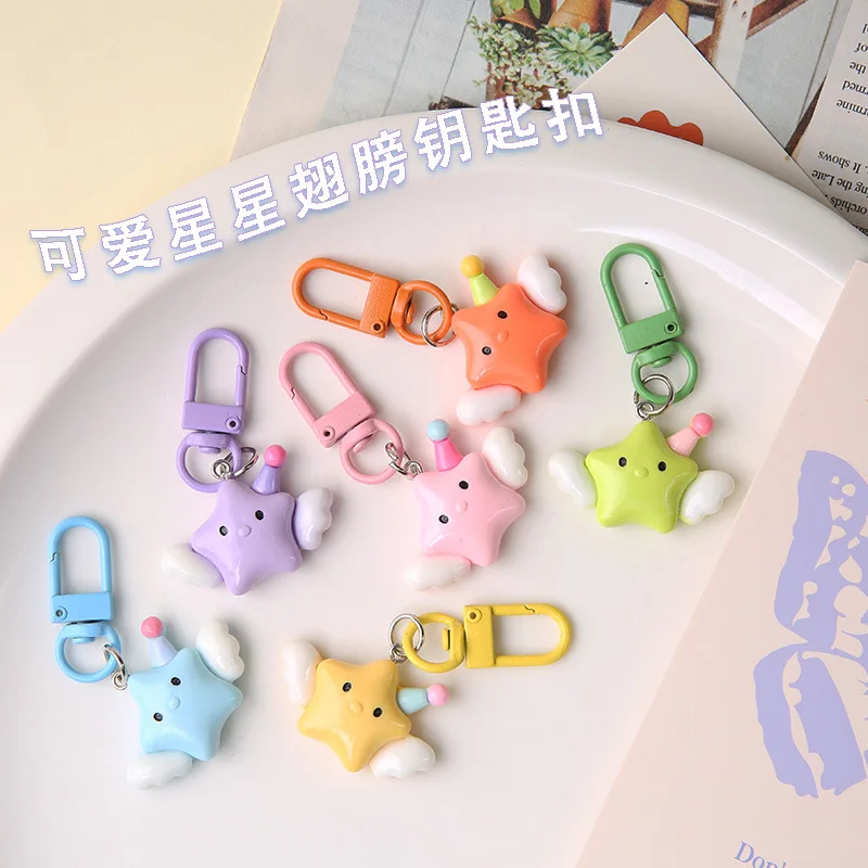 Kawaii Candy Color Star Wings Keychain Creative Resin Student Backpack Key Pendant Couple Kids Girls Gift Jewelry Wholesale