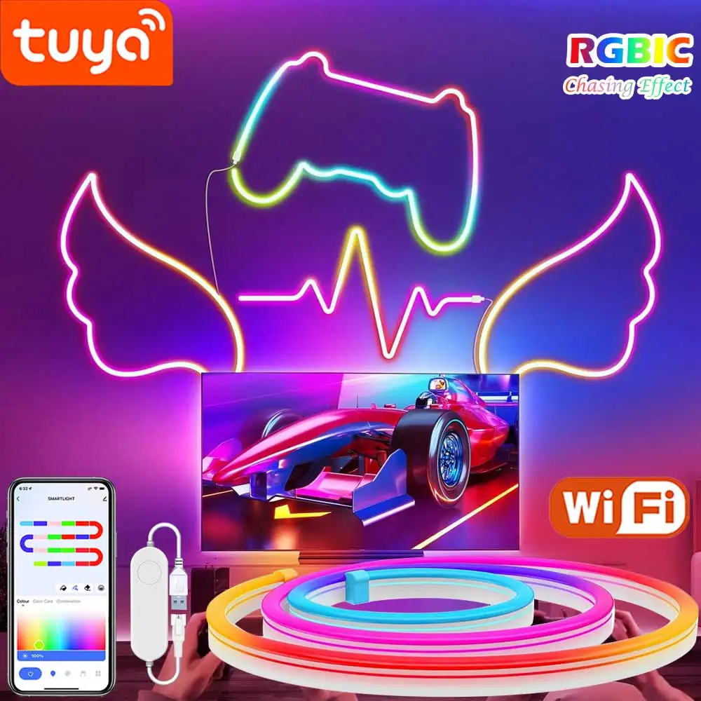 TUYA WiFi Neon RGBIC Strip Light Smart LED Lights Ribbon Lighting USB 5V Lamp Smart APP Dream Color Waterproof Neon Decor Strips