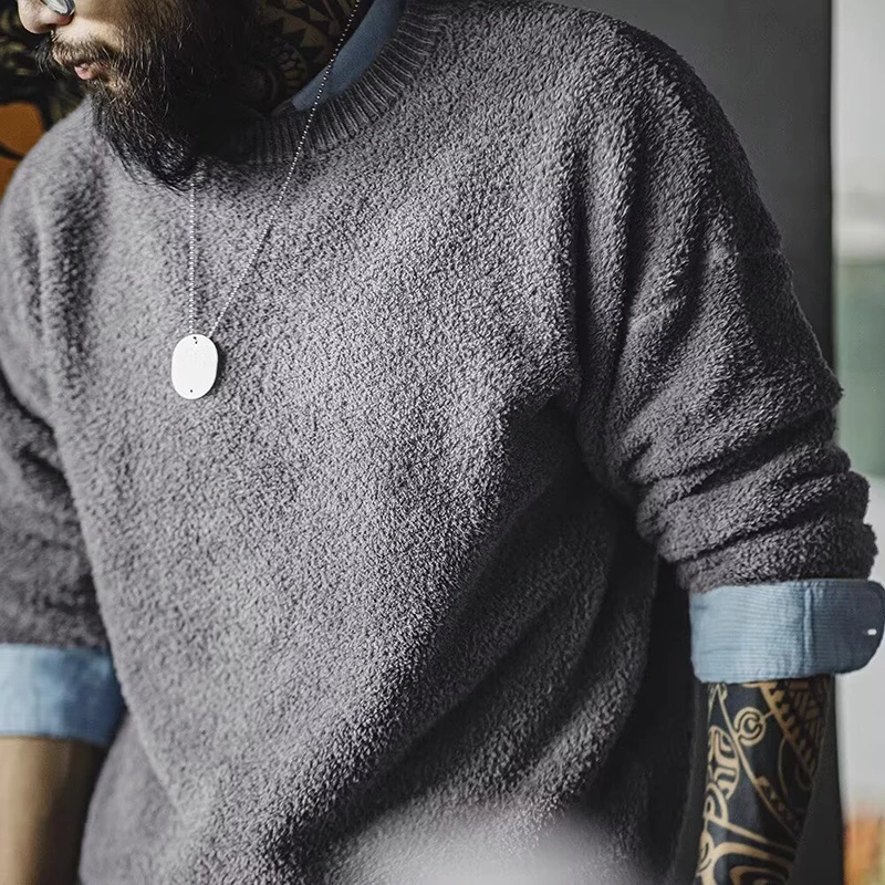 

Men's Maden Retro Grey Round Neck Sweater Men Fleece-Lined Warm Versatile Pullover Autumn Winter Loose Fit Half Velvet Sweater