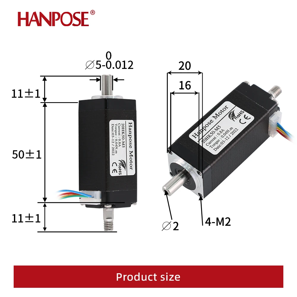 2 Phase 20HK50-M5 Hollow Shaft Stepper Motor 0.8A 0.04N.M Nema8 Straight Through Motor 4 Leads For CNC Engraving Machine 12V