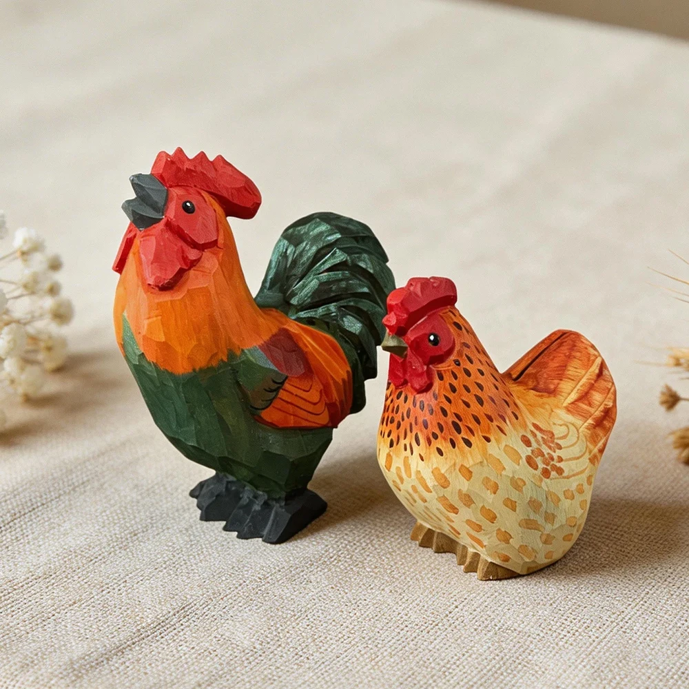 Hand Carved Wooden Rooster and Hen Figurine Farm Animal Chicken Couple Statue Rustic Home Shelf Farmhouse Decor Ornament Gift