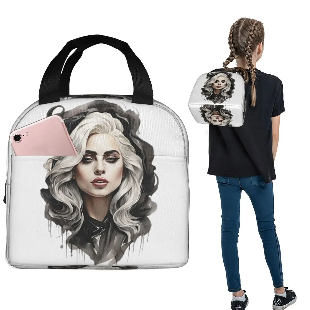 

Lady Gaga Insulated Lunch Bag for Women Kids Portable Food Boxes Thermal Lunch Box Tote