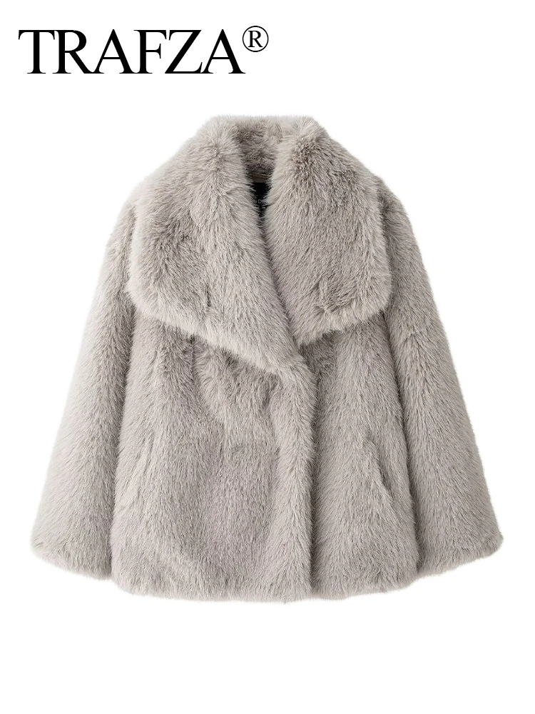 TRAFZA ผู้หญิงฤดูหนาวใหม่แฟชั่น Faux Fur Effect Coat เสื้อแขนยาวหญิง Elegant Premium กระเป๋าสั้นเสื้อ