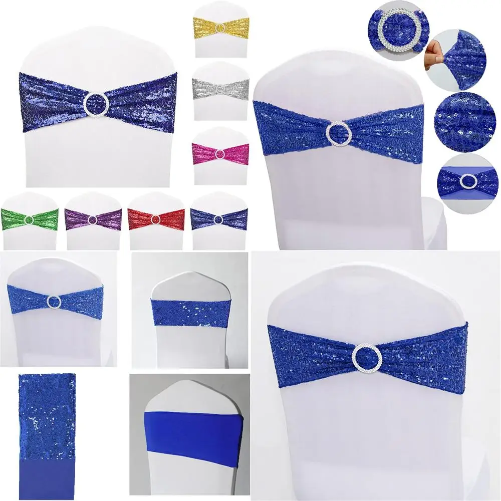 

Blue Stretch Sequin Chair Sashes - 50 Pack for Wedding, Reception, and Banquet Chair Decorations