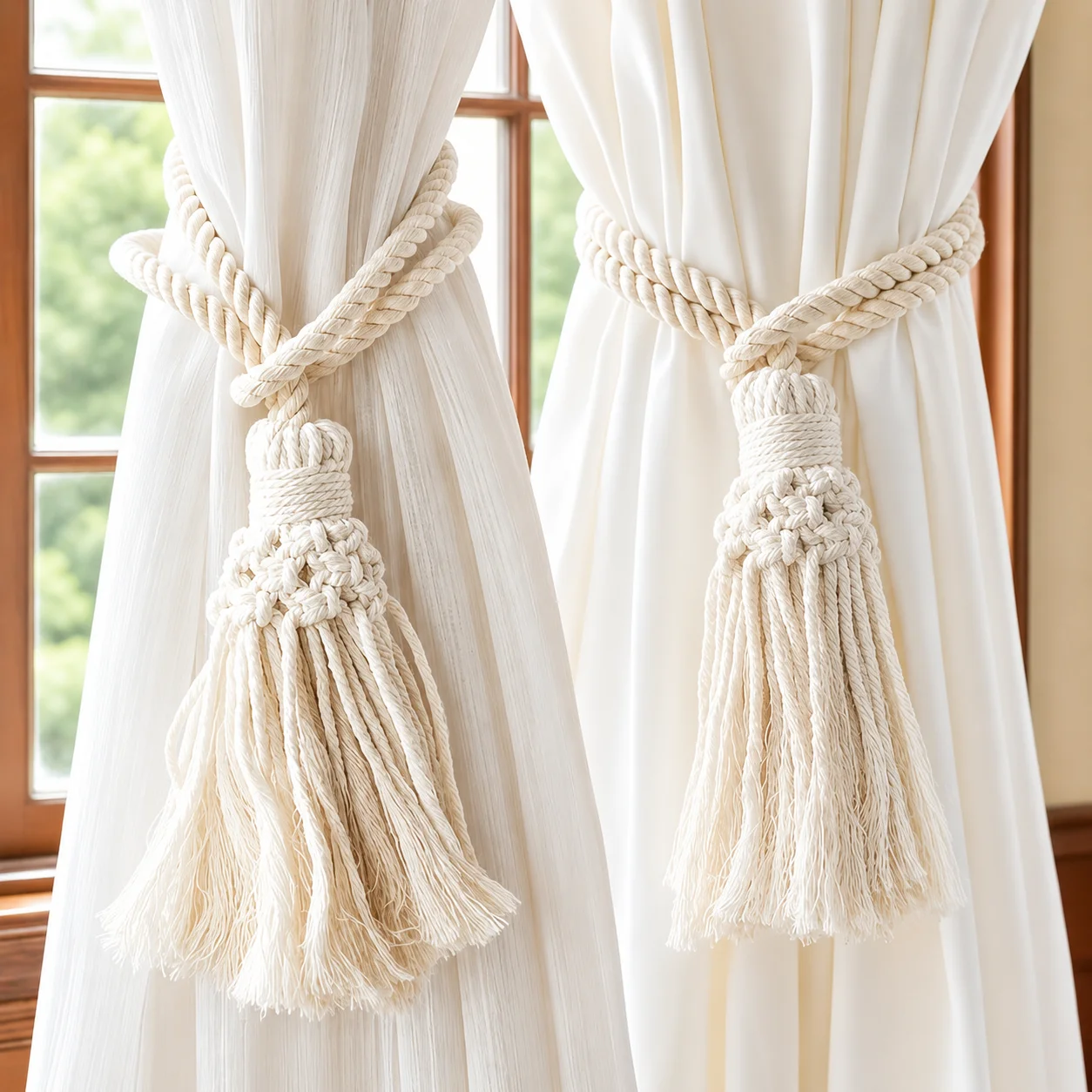 2pcs Bohemian Curtain Tiebacks – Hand-Woven Beaded Rope Holders for Bedroom, Living Room, Door & Window Curtains