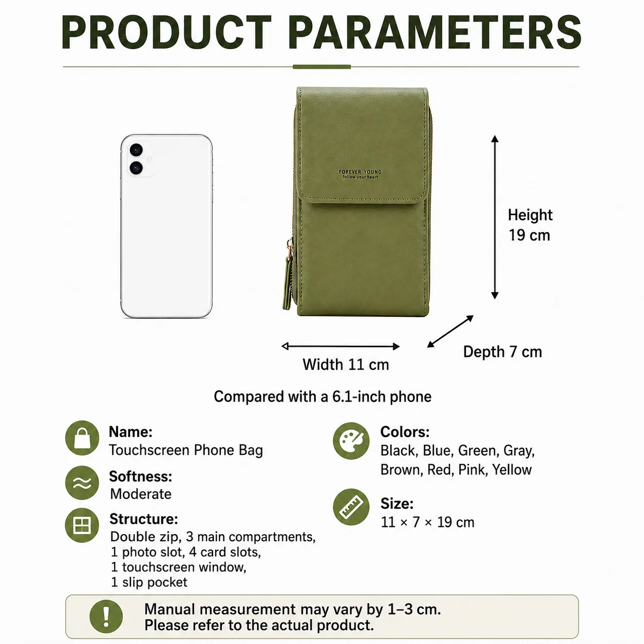 Buylor Touch Screen Cell Phone Bag Women Soft Leather Wallet Multi Card Slots Crossbody Shoulder Bag for Daily Shopping/Office