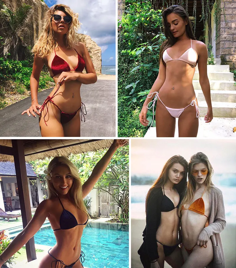 Sexy Two-piece Bikini Set For Women Satin Adjustable Thin Straps Deep V-Neck Swimsuit Mini Thong Summer Beach Party Swimwear