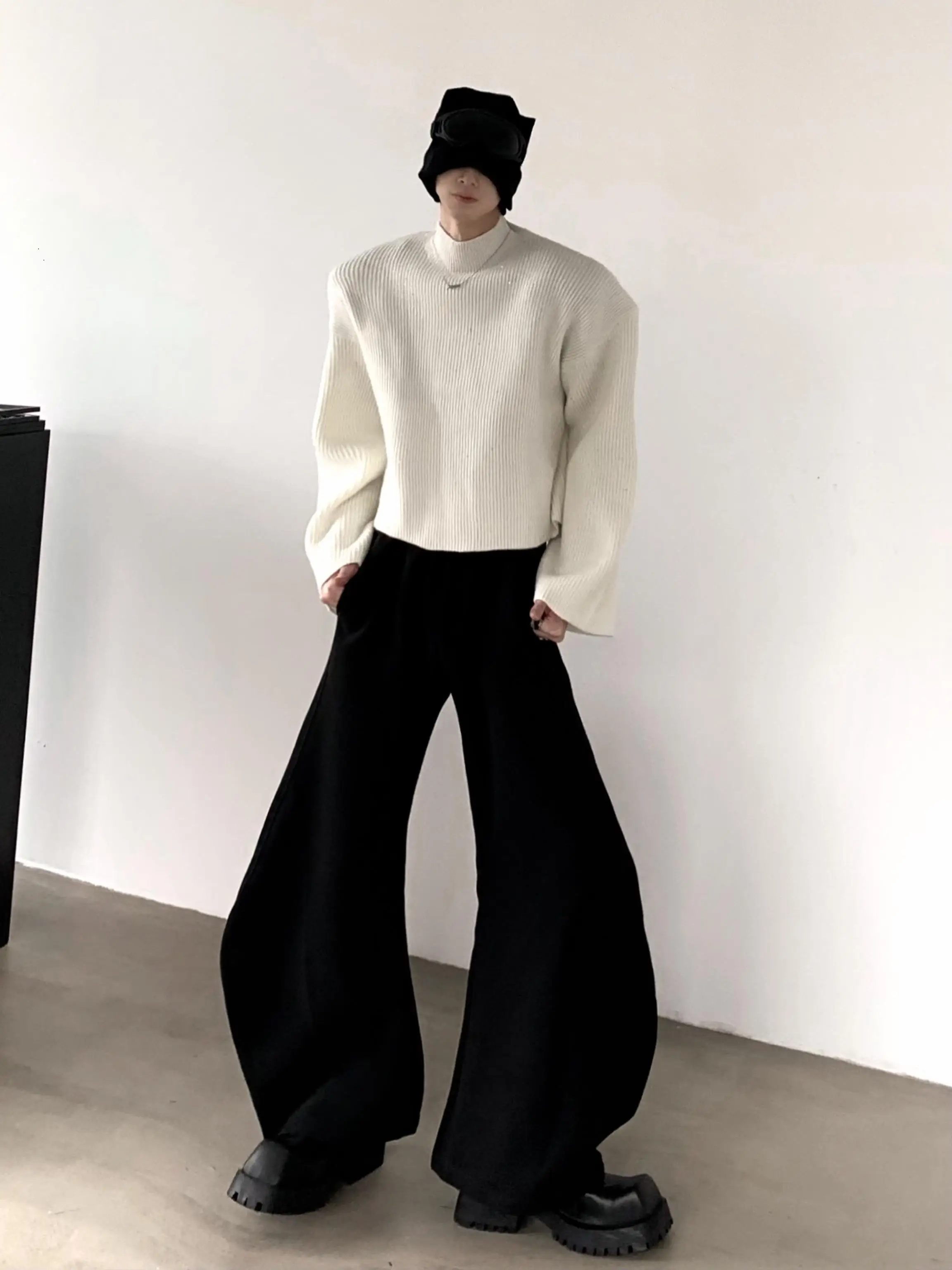 Queshanfeng Men's Short Knitted Sweater Sparkling Sequin Half High Collar Black Sweater Autumn Winter Fashion Design Comforta...