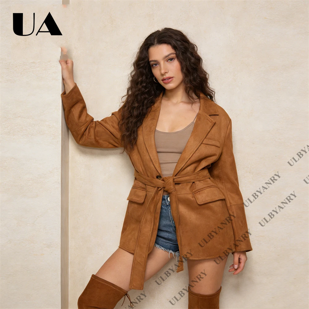 Suede Belted Blazer Jacket, Loose Fit Wrap Style Suit Coat for Women Fall Winter Casual Office Vintage Outfit