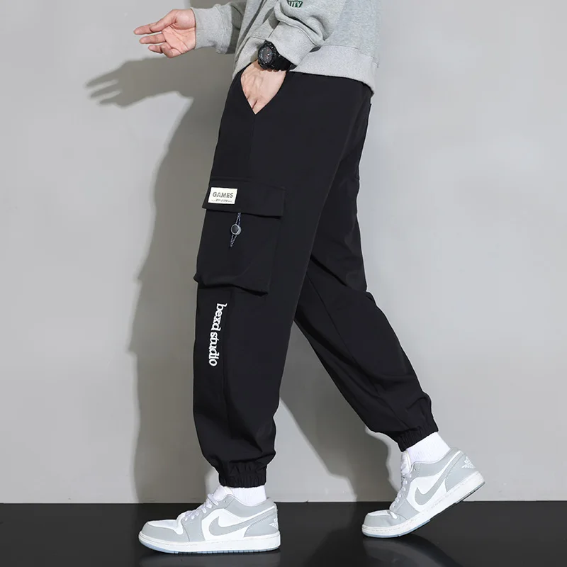 Men's High Waist Pockets Shirring Drawstring Solid Elastic Letter Casual Loose Cargo Trousers Spring Autumn Clothing Pants