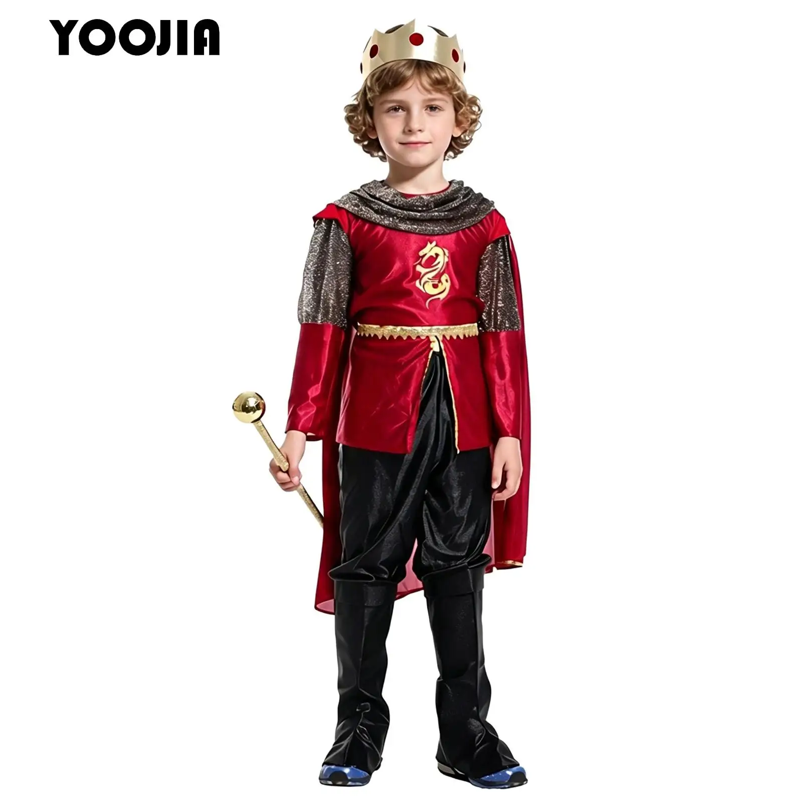 Children Royal Little King Costume Medieval Royal Prince Outfit Cloak Long Sleeve Tops Pants Boots Halloween Knight Performance