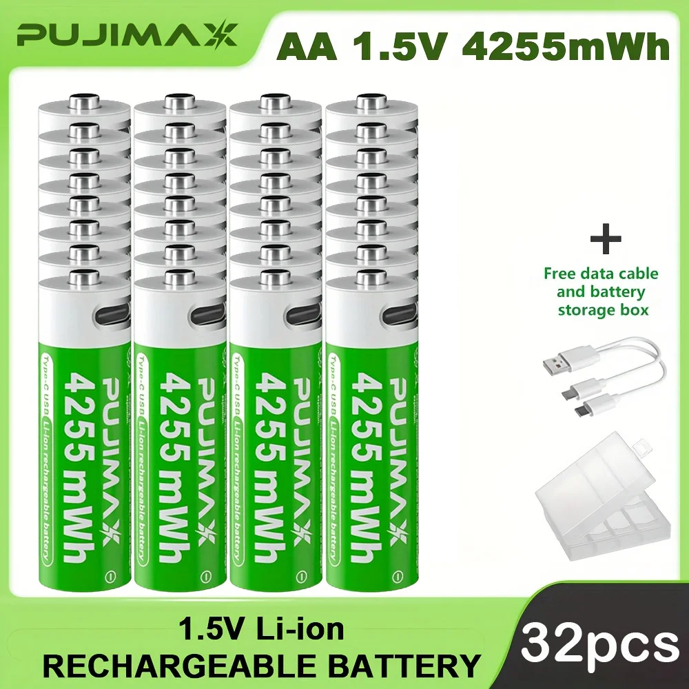 

PUJIMAX 4255mWh AA 1.5V Rechargeable Lithium Battery High Capacity 1500 Cycles For Remote Controls Drones Scales Large Capacity