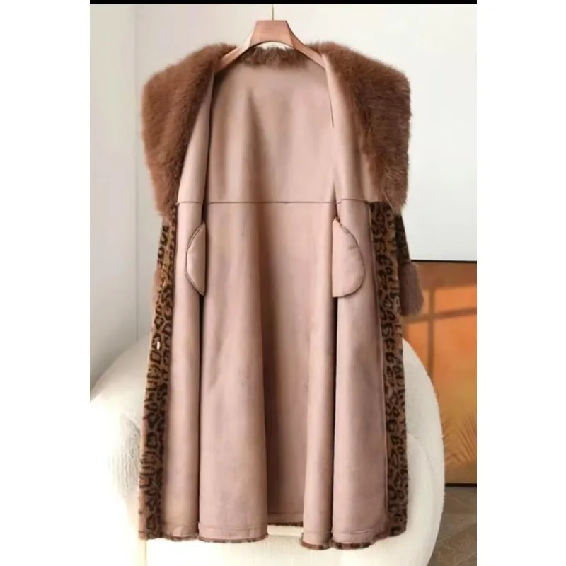 Women's Clothing New Leopard Print Long Faux Fur Coats Trench Coats One-piece Chic Winter Warm Fashion Thicken Fur Collar Belt