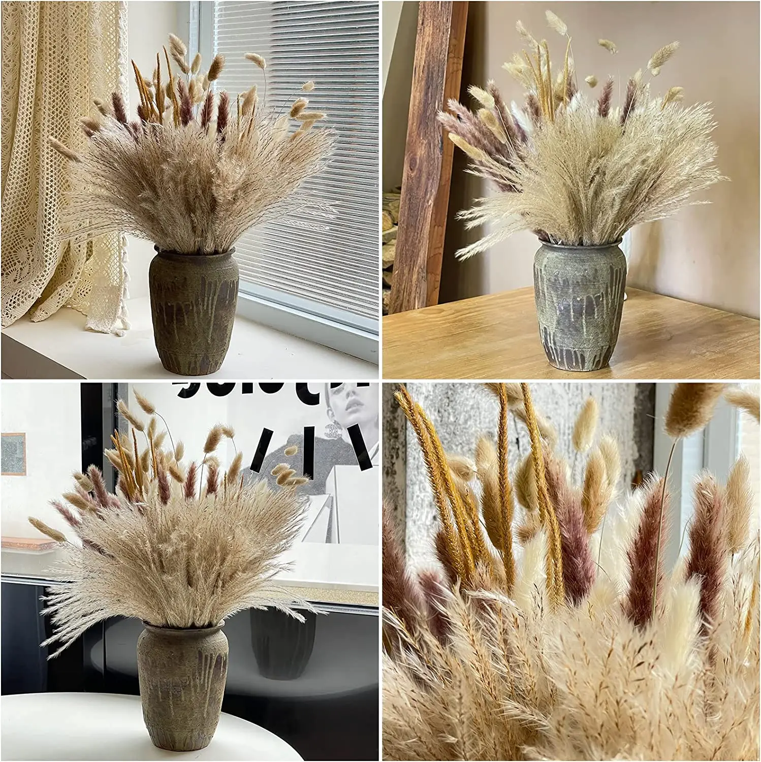 120PCS Dried Pampas Grass Contains Bunny Tails Dried Flowers Reed Grass Bouquet for Wedding Boho Flowers Home Table Decor Pampa