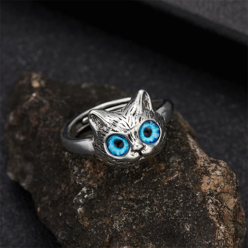 Vintage Gothic Blue Eye Cat Face Opening Metal Ring for Women Men Fashion Retro Animal Rings Female Party Wedding Jewelry Gifts