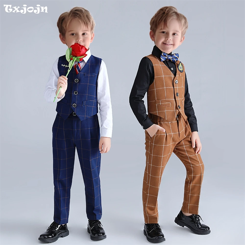 2025 Casual Daily Child Plaid Suit Set For School Life Fast Delivery Boys Suits 3 Pieces Vest Pants Bow-tie Piano Performance