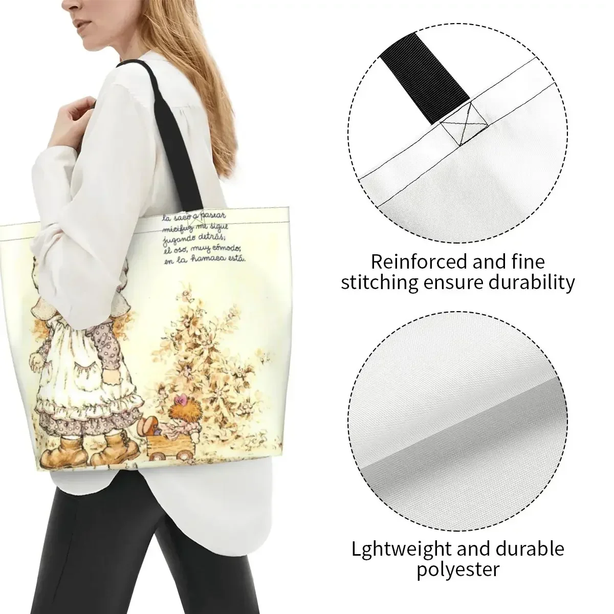 مخصص الكرتون سارة كاي التسوق حقيبة قماش قنب المرأة إعادة تدوير سعة كبيرة البقالة فتاة المتسوق حمل الحقائب #3