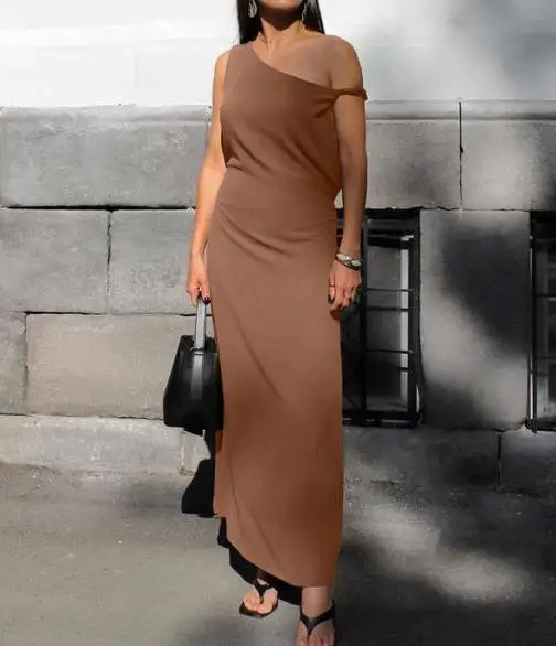 

Elegant Dress for Women 2025 Retro Spring Summer Casual Cotton Linen Brown Irregular Collar Short Sleeved Slim and Sexy Dress