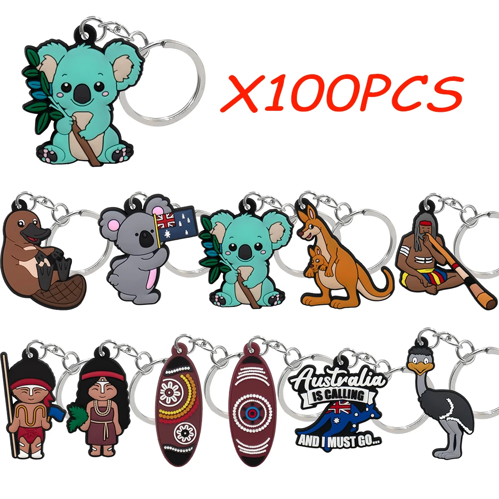 

100PCS Australia Style Keychains Set Sloth Koala Kangaroo Platypus Key Accessories for Women Men Keyring Decorations for Car