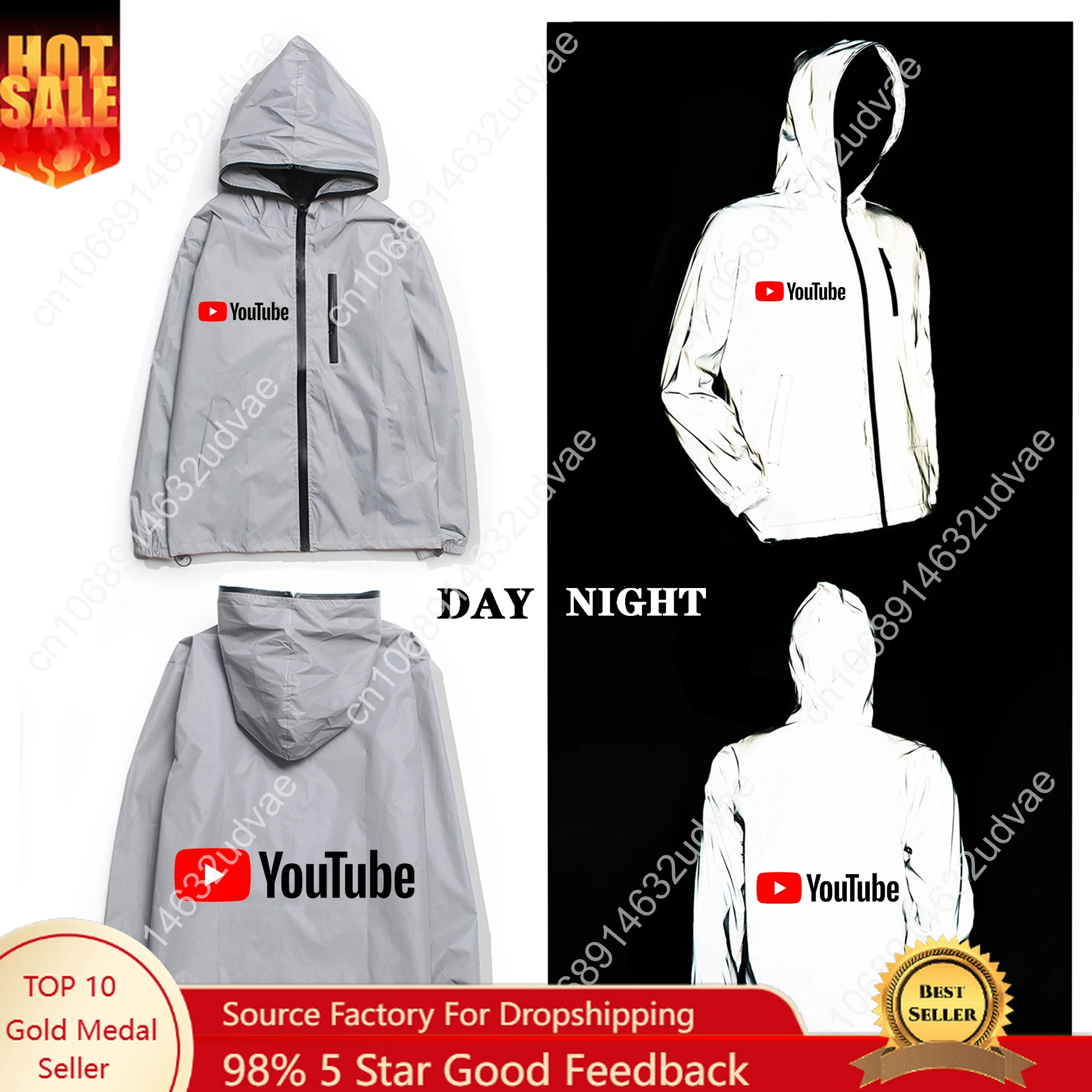 

YouTube Logo Design Custom Reflective Jacket Mens Womens Coat Hooded Windbreaker Run Jackets Cycling Hiking Zipper Custom Hoodie