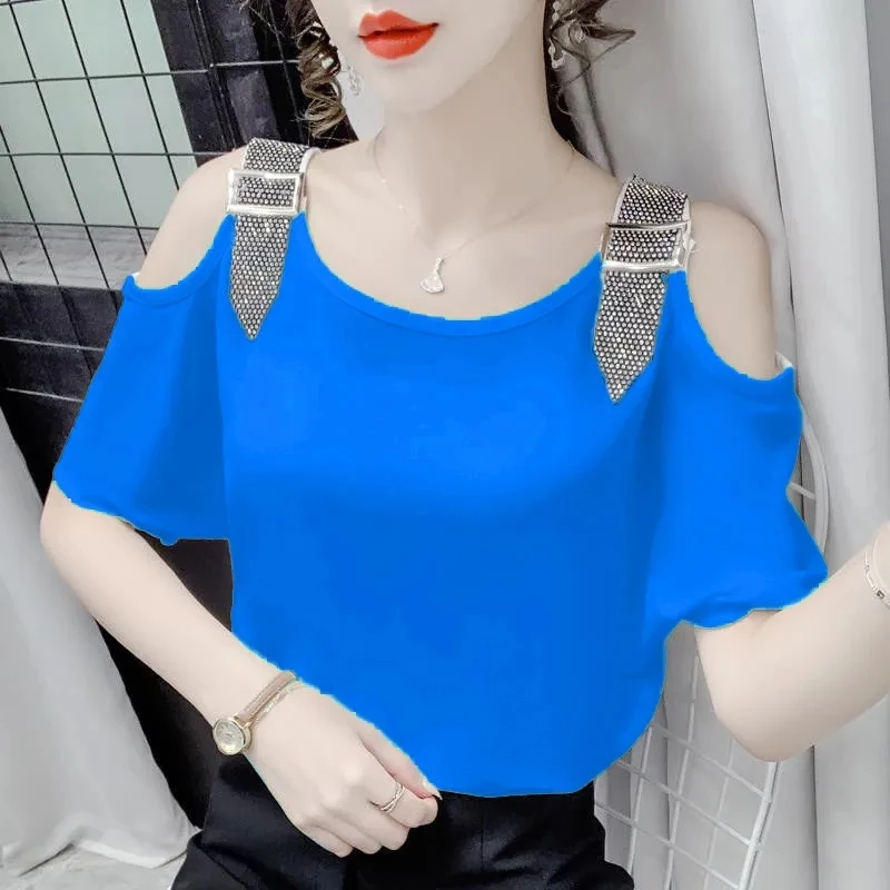 Bat sleeves loose large size short sleeves diamond inlaid with pastoral style ice cotton belly slim T-shirt top  women