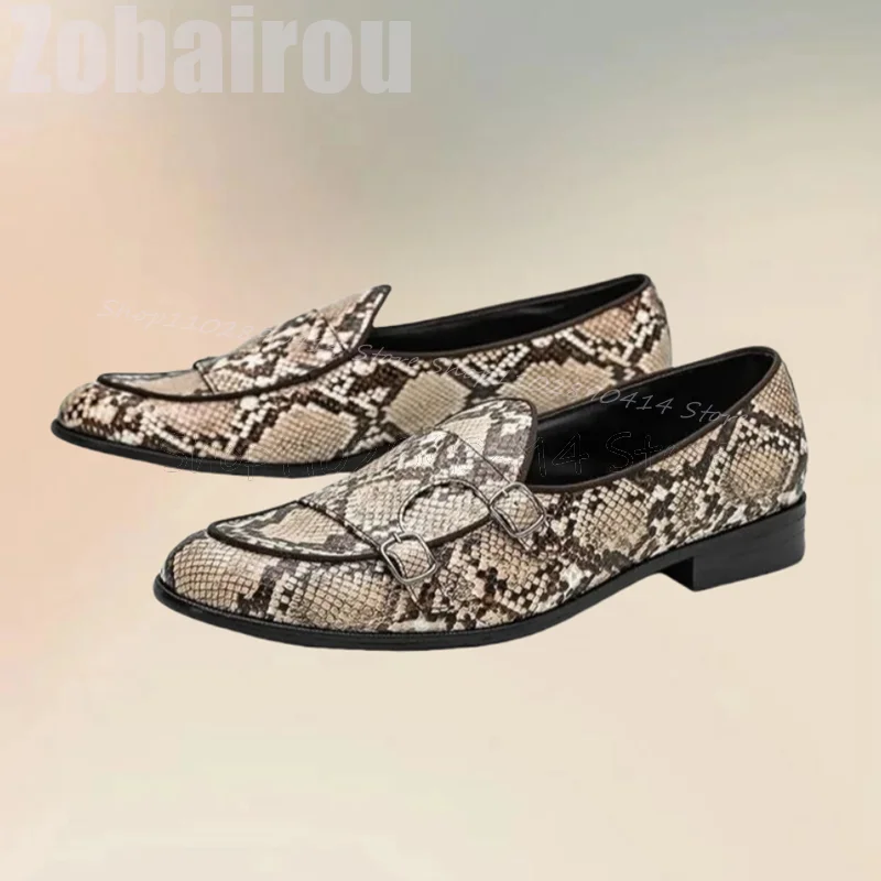 

Snakeskin Print Buckle Decor Double Monk Loafers Fashion Slip On Men Shoes Luxury Handmade Party Banquet Office Men Casual Shoes