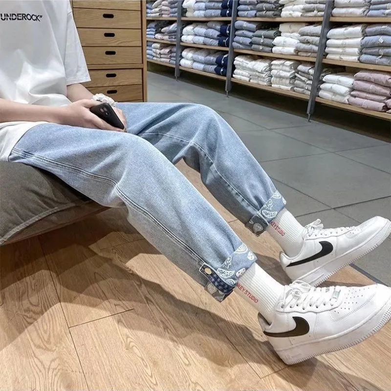 

Men Denim Pants Vintage Straight Jeans Baggy Trouser Prints Patchwork Black Man Colthing Streetwear Design Casual Solid Slim