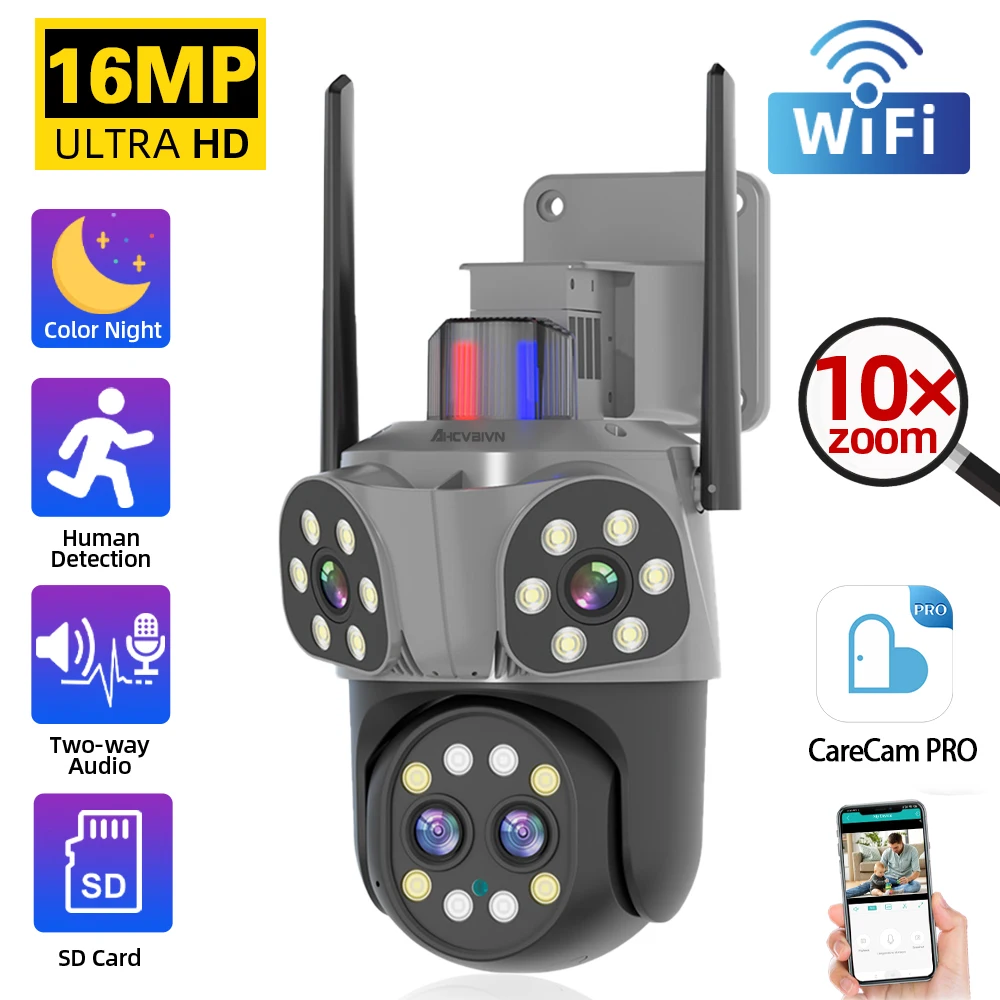 

16MP IP Camera Outdoor 4K PTZ Security Cam 10X Zoom WiFi Surveillance Three Screen Four Lens Wireless CCTV Camera Auto Tracking