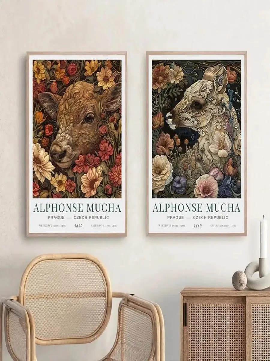 Vintage Alphonse Mucha Art Print Birds Flowers Animals Canvas Wall Art Poster for Living Room Decor