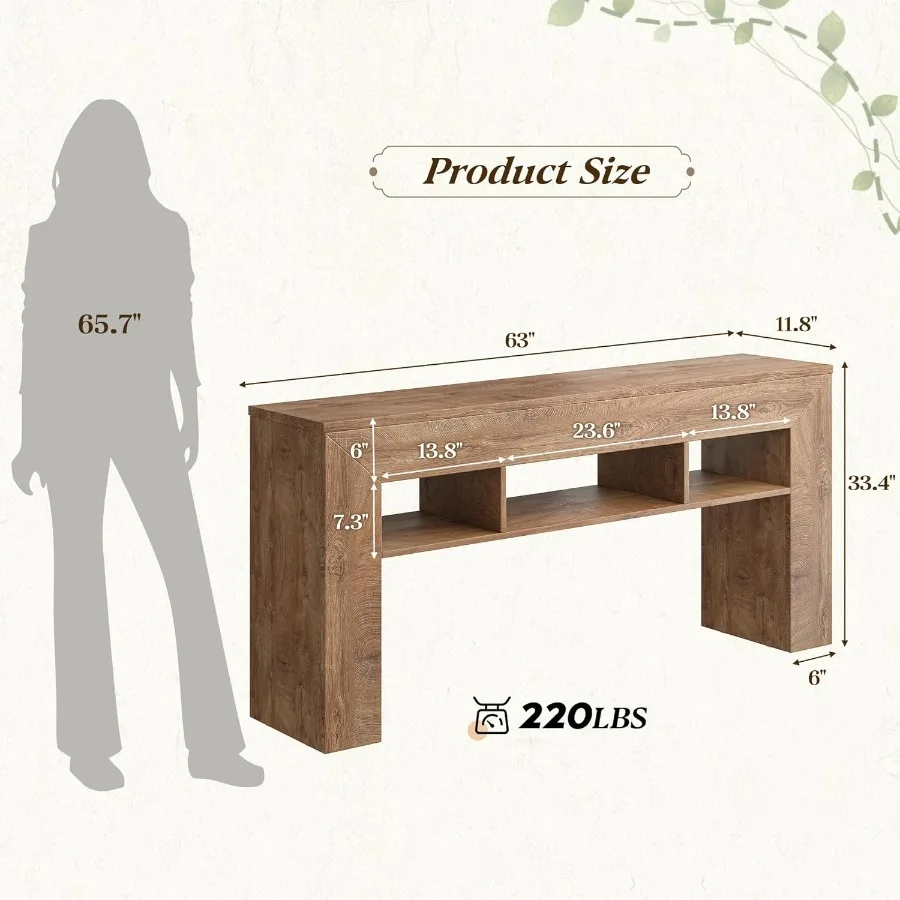 طاولة وحدة تحكم طويلة 63 بوصة للمدخل مع 3 أرفف تخزين مفتوحة وطاولة أريكة خشبية خلف الأريكة وممر المزرعة Ta