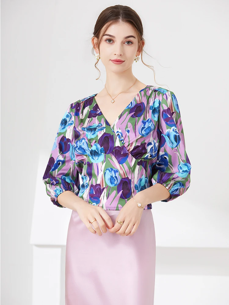 

Ele V-ne Tulip Print Silk Blouse Seven-eighth Sve Commute Sle ort Length High Waist Fit Women's Premium irt
