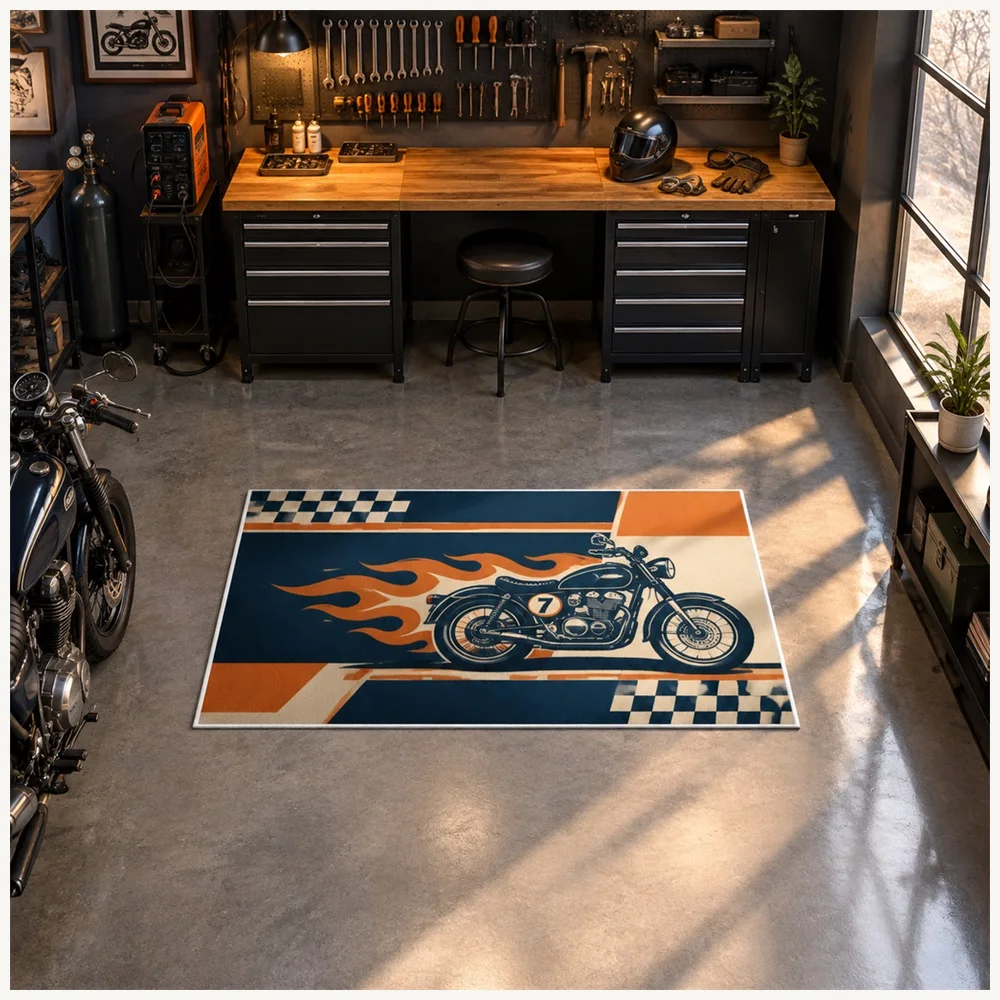 VIKAMA Racing Retro Navy Orange Flame Chopper Flannel Door Mat, Non-Slip Entryway Door Mat, Garage Decor for Snug, Landing