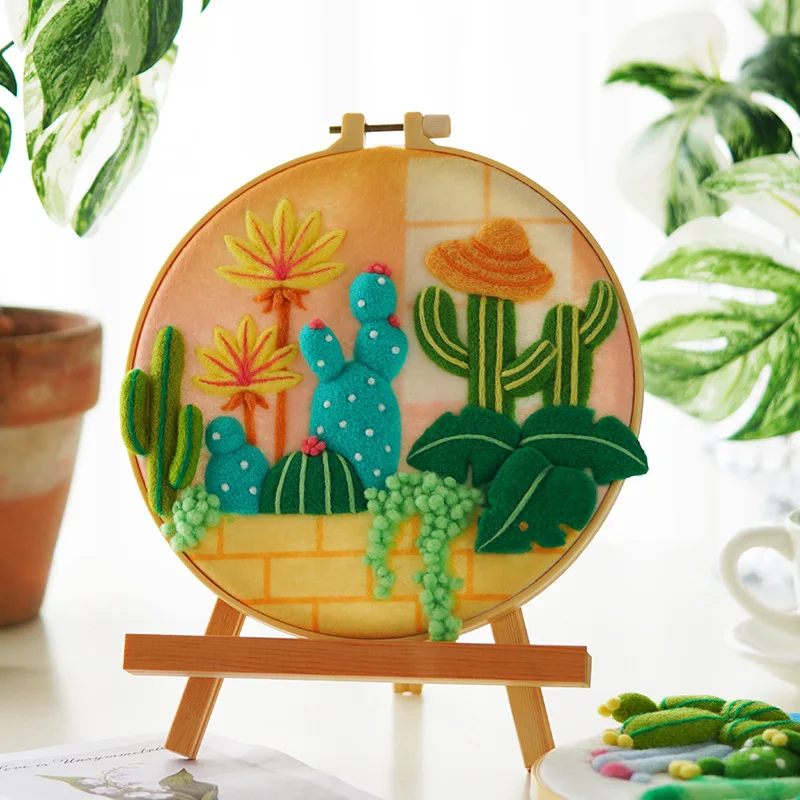 RUOPOTY Cactus Scenery DIY Wool Felting With Embroidery Frame Wool Painting Picture Handicraft Needle For Home Decor Craft