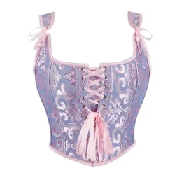 Women Vintage Jacquard Corset Crop Top Gothic Lace-Up Overbust Bustier Vest Tank Bodice Body Shaper Corselet Fashion