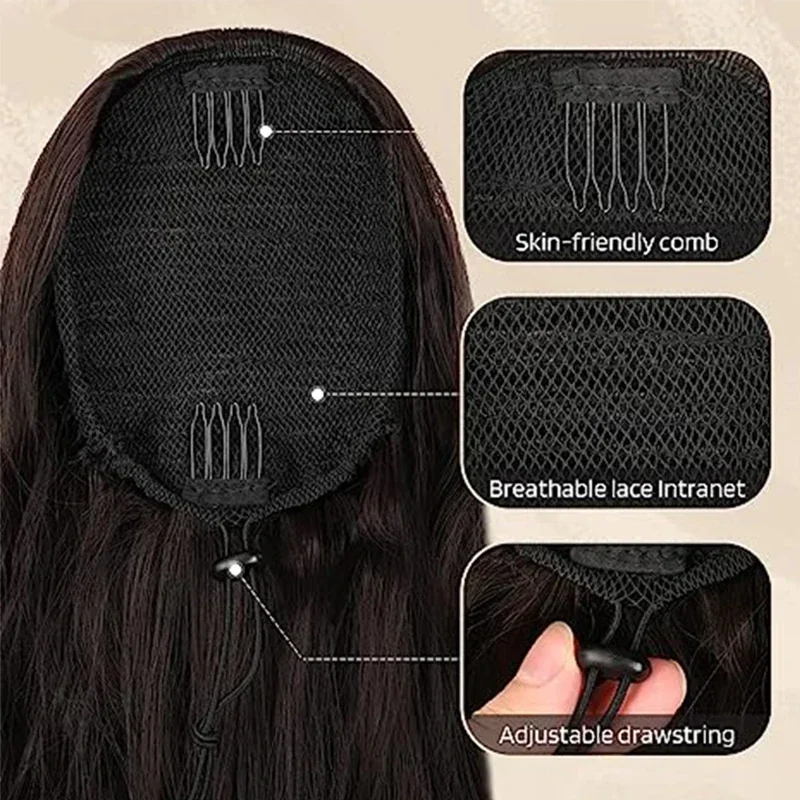 Synthetic Water Wave Drawstring Ponytail Long Curly Clip in False Hair Ponytail for Women 26 Inch Brown Horse Tail Extensions