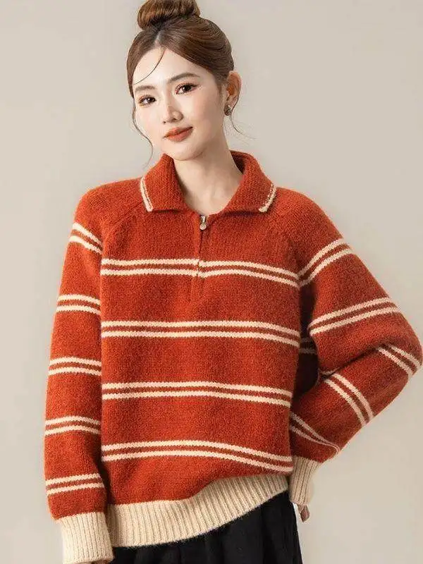 Deep Grey Casual Striped Half Zip Neck Knitwear Women's Autumn Winter Loose Slimming Top Fashion Style Regular Fit Knitt...