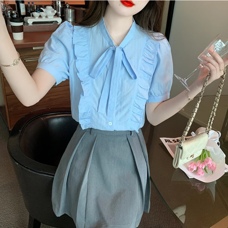 Bow Women Shirt Bubble Sleeve Blouse Unique Short Sleeved Shirt Korean Fashion Lace Up Womens Tops Ruffle Suumer Female Clothing