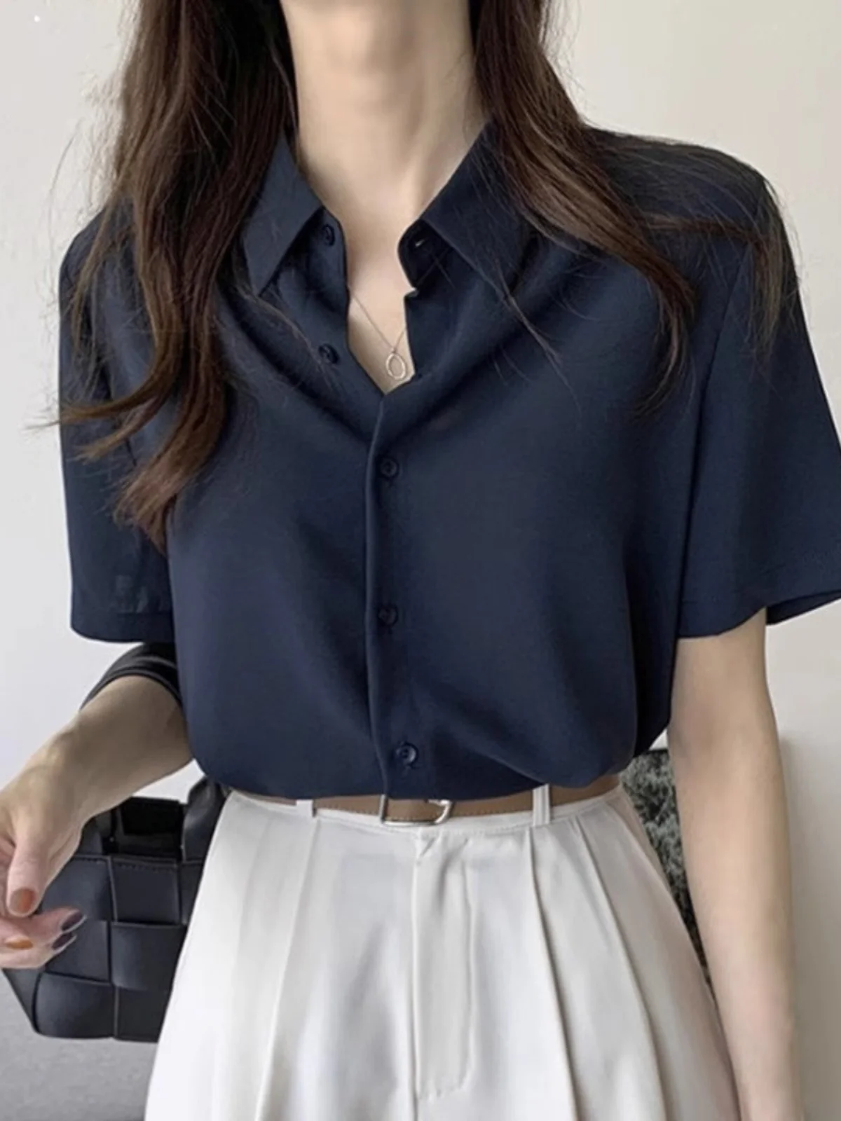 

Blue ort Sve Chiffon irt Women's Summer Deep Blue Anti-Wrinkle Profional Interview Commuting Top Loose Fit Flip Collar