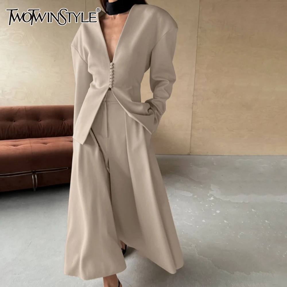 

TWOTWINSTYLE Khakl Spliced Buttons Two Piece Sets for Women V Neck Long Sleeves Top Patchwork Folds Elegant Skirt Set Female New